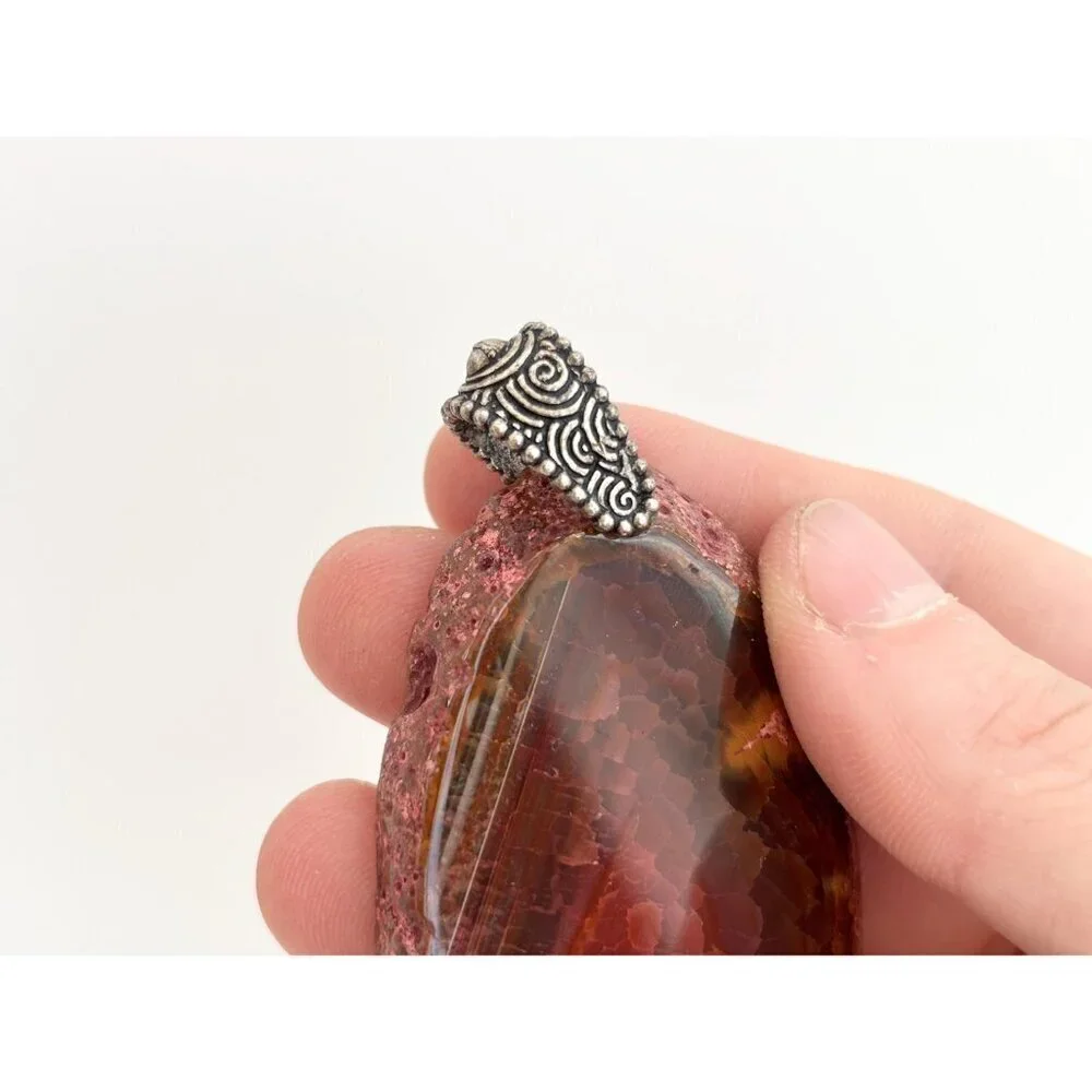 Red Sliced Agate Smooth Crystal Freeform Large Silver Toned Vintage Pendant